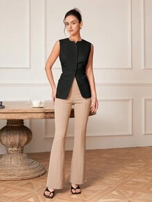 女式前扣无袖修身优雅经典复古风格背心上衣，夏季短款商务休闲上衣 - 黑色 - 查看 8