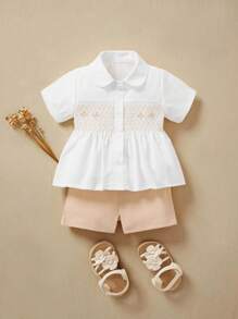 SHEIN 2pcs Baby Girls' Fashionable Plaid Shirt And Shorts Set - White - View 1