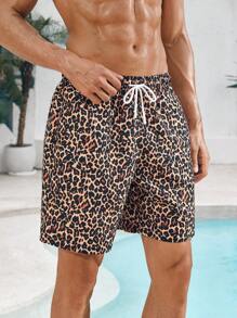 Manfinity Swimmode 1 Stück Herren Urlaubs Leopard Grafik Muster Kordelzug Elastischer Taille Weite Passform Strand Shorts Bade Shorts, für Strand, Urlaubspaar Partnerlook Badebekleidung, Hawaii