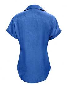 Solid Color Button-Front Casual Short Sleeve Shirt With Pocket - Blue - View 2