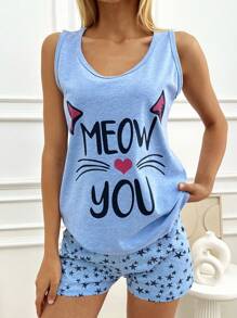 RueChic 2 pièces Ensemble de pyjama à domicile avec haut à bretelles avec imprimé slogan et short imprimé étoile - Bleu azur - Voir 5