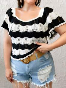 RueChic Women Crochet Knit Top With  Half Sleeve - Black and White - View 3