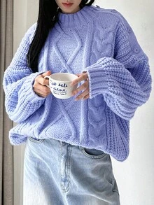 DAZY Xoắn Dan Chi tiết Nút Thả vai Áo len - Màu xanh lam - Xem 4