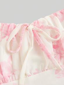 SHEIN MOD Romantic Red Ditsy Floral Ruched Bust Mid-Length Dress With Tie Front And Spaghetti Straps For Dating - Watermelon Pink - View 3