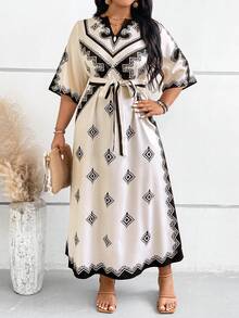 Breezaya Plus Size Women's Fashion Geometric Printed Dress - Apricot - View 5