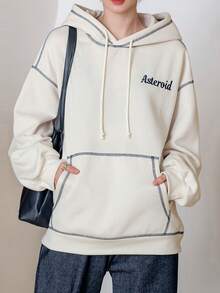 DAZY 字母刺繡頂針落肩袖抽繩連帽衫 - 米色 - 查看 2