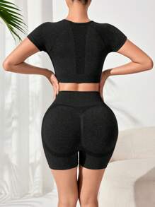 Easithlete Summer Solid Color Round Neck Short Sleeve Top & High Waisted Seamless Shorts Sports Set Workout Women Setwomen Workout Set - Black - View 3