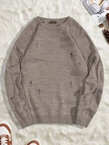 SHEIN Cottnline Men Solid Ripped Drop Shoulder Sweater - Brown - View 2