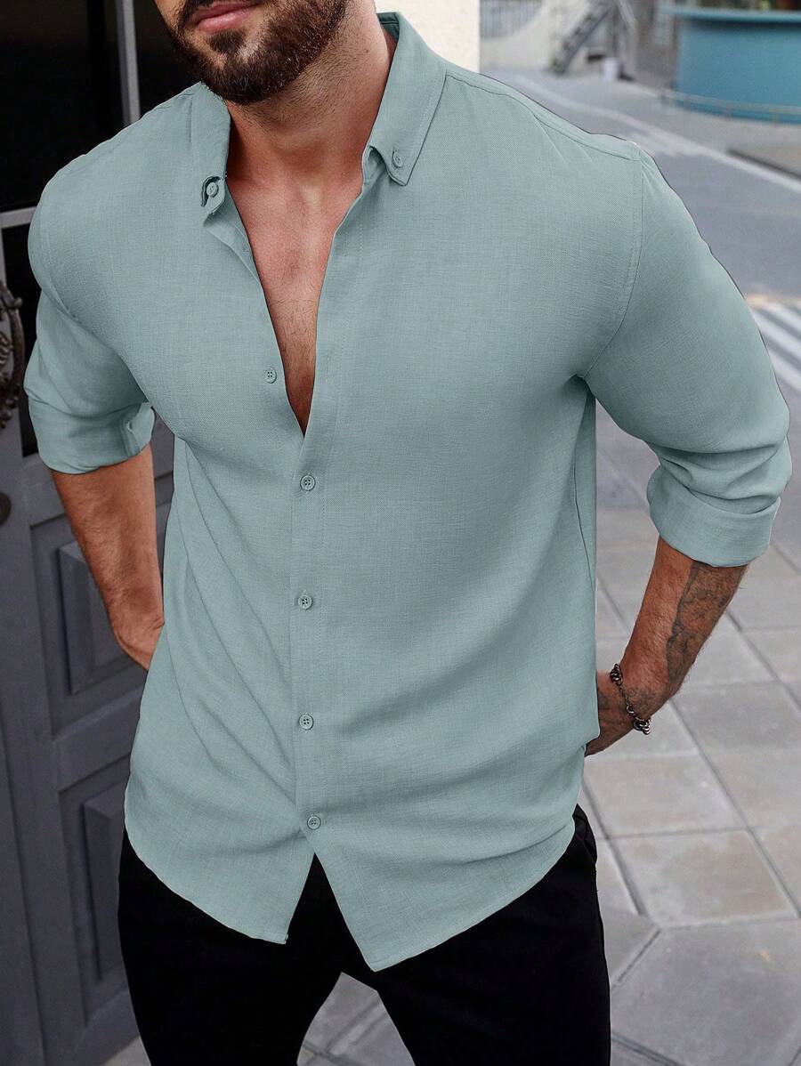 Manfinity Homme Men's Solid Color Long Sleeve Plain Shirt - Cadet Blue - View 1