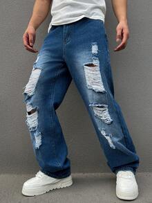男士時尚直筒撕裂牛仔褲，街頭潮流必備款 - 中等水洗藍 - 查看 3