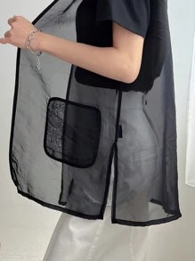 FRIFUL Women's Solid Color Round Neck Sleeveless Mesh Top With Tie And Pocket Sheer - Black - View 7