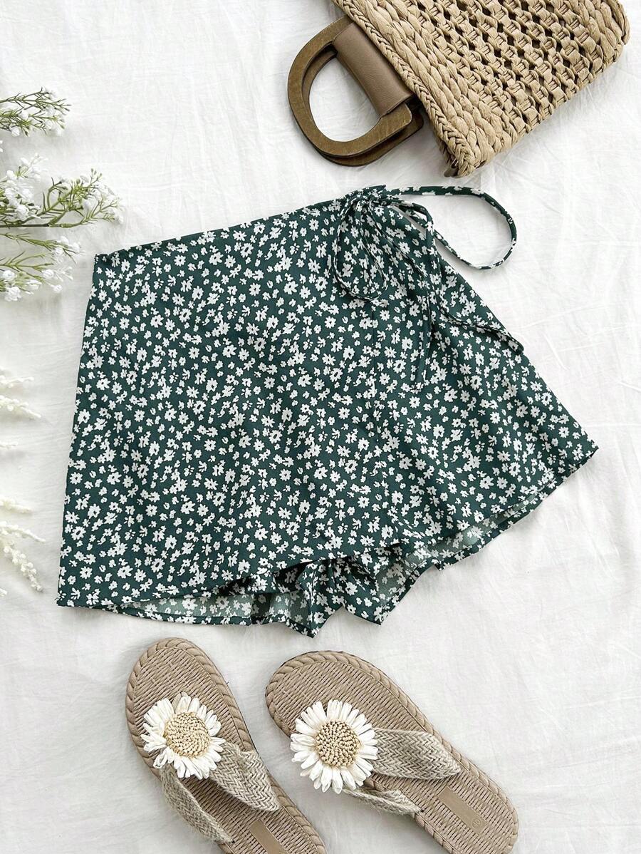 Soleia 女款小花卉系帶A字短褲，適用於度假 - 綠色 - 查看 1
