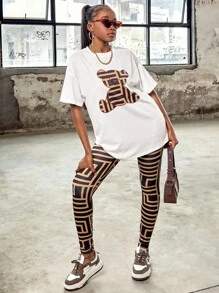 SHEIN Leap Crew Teen Girl White Khaki Bear Printed Geometric Casual T-Shirt And Leggings Casual 2pcs Set - White - View 4
