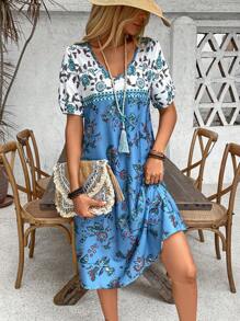 Breezaya Women's Vacation Fashion Patchwork Short Sleeve Printed Dress With Color Blocks - Blue - View 3