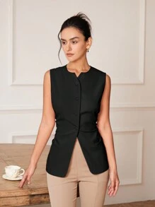 女式前扣无袖修身优雅经典复古风格背心上衣，夏季短款商务休闲上衣 - 黑色 - 查看 2