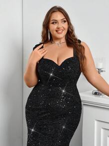 SHEIN Belle Vestido elegante largo de talla grande con lentejuelas, vestido de cola de pez con cintura alta, perfecto para graduaciones y bailes de gala - Negro - Ver 4