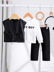SHEIN 3pcs/Set Baby Boys' Casual Street Style Fashionable Letter Printed Sweatshirt, Vest And Long Pants Spring/Summer Outfits - Black and White - View 7