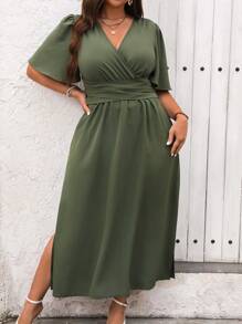 SHEIN Unity Đầm nữ mùa hè màu trơn cổ chữ V xếp nếp tay ngắn thanh lịch cỡ lớn cho nữ - xanh quân đội - Xem 3