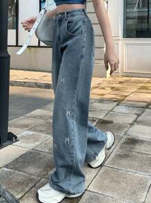 DAZY Women's Casual Bowknot Embroidered Straight Leg Jeans - Blue - View 4