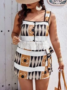 SHEIN Clasi Plus Size Women's Random Printed Geometric Pattern Wide Strap Top And Shorts Set - Multicolor - View 5