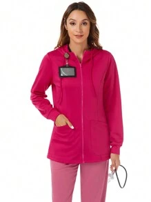 TaskEZ Women's Pink 2 Pocket Front Zipper Comfort Soft Stretch Knit Hooded Scrub Uniform Jacket Nurse Scrub Uniform Jacket