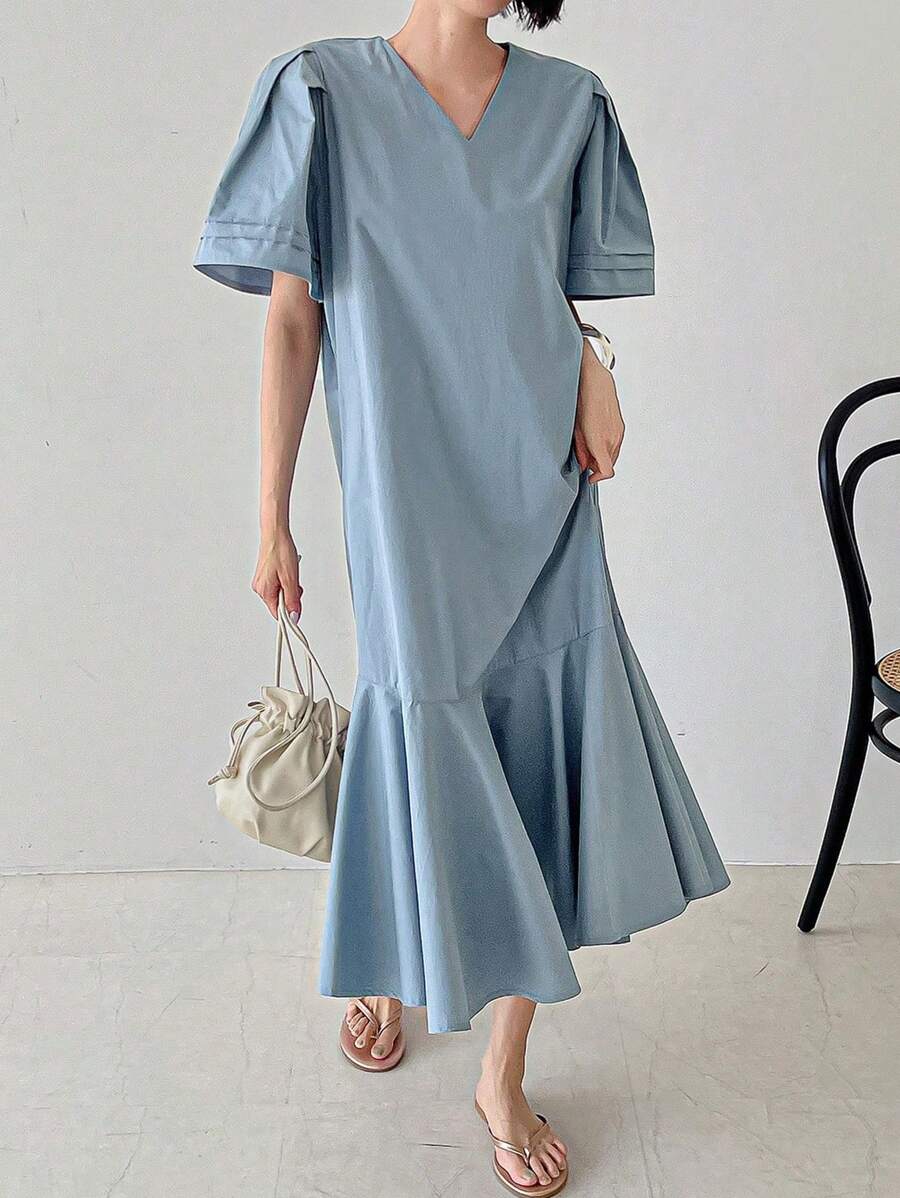 FRIFUL Đầm suông tay ngắn cổ chữ V màu trơn có viền nhún bèo cho nữ - Màu xanh lam - Xem 1