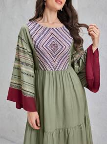 Mulvari Women's Loose Fit Geometric Print Round Neck Dress With Flared Sleeves And Ruffled Hem, Arabic Style - Olive Green - View 4