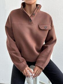 EURMUSE Women's Button Half-placket Drop Shoulder Sweatshirt - Brown - View 5
