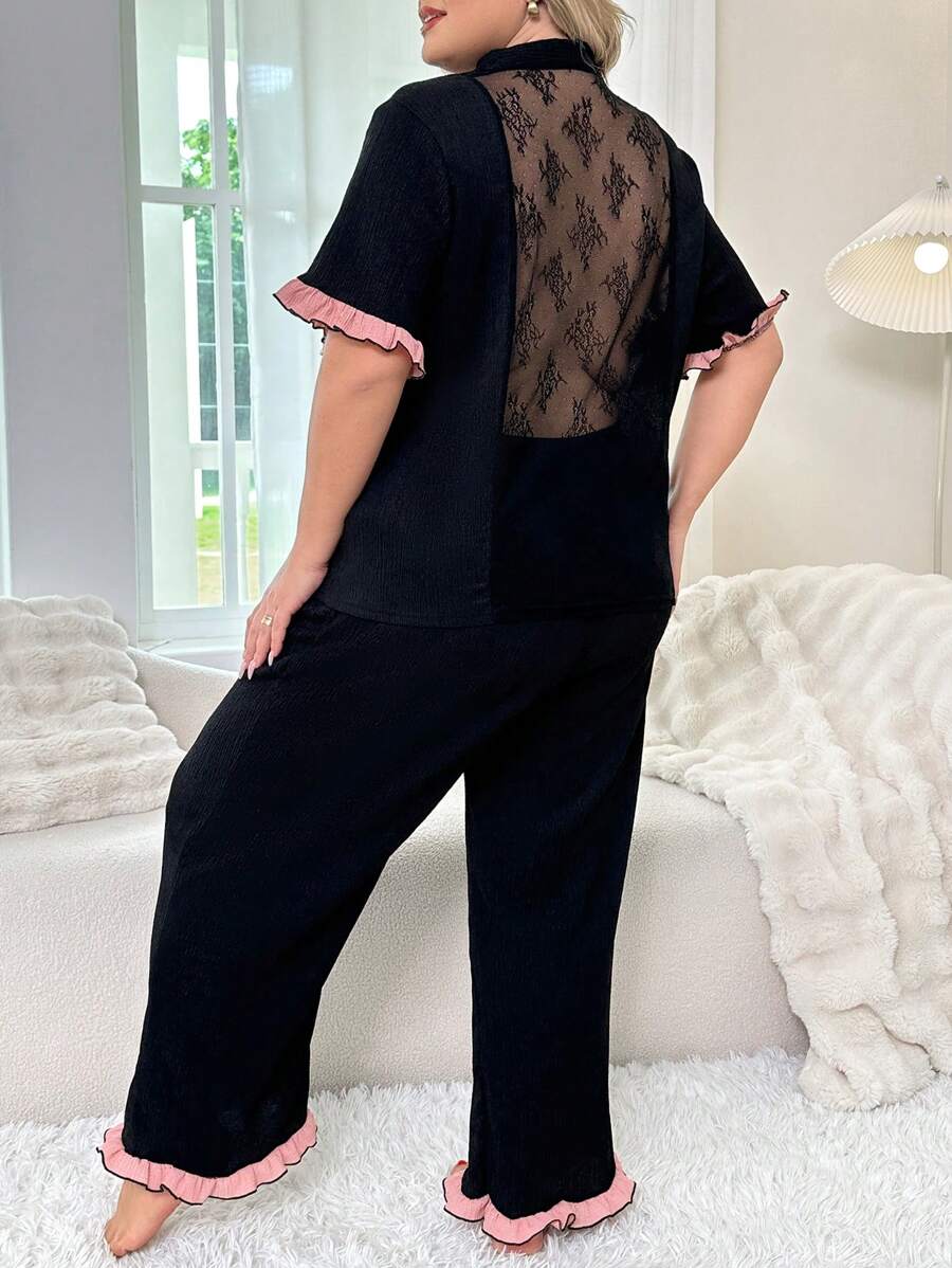 Color-Block Backless Lace Trim Sexy Lingerie Set - Black - View 1