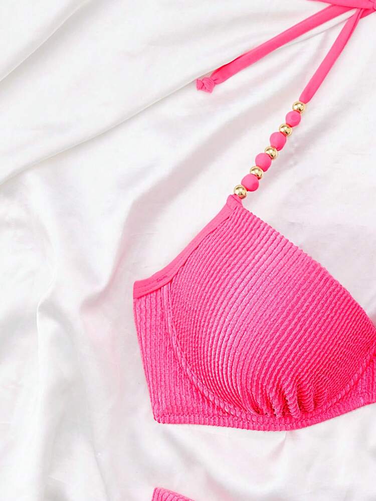 Women's Solid Color Halter Strap Sexy Bikini Set, Perfect For Vacation Summer