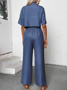 SHEIN LUNE Ensemble de chemise à manches courtes en lin et de pantalon pour femmes pour les vacances et les loisirs - Bleu marine - Voir 2