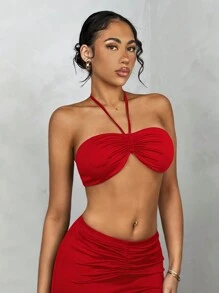 SHEIN BAE Summer Vacation Style Women's Strapless Drawstring Top Top + Ruched Fish Tail Elegant Skirt - Red - View 5