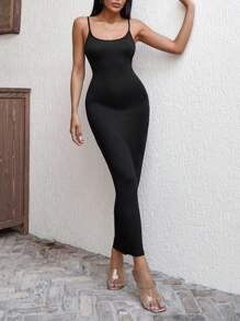 SHEIN PETITE Strappy Viscose Fabric Solid Maxi Dress - Black - View 5