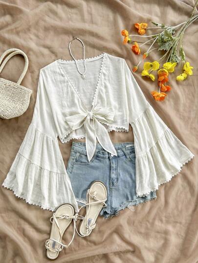 Soleia WYWH Vacation Women's Leisure Music Festival Front Chest Strap Flare Sleeves Lotus Leaf Sleeves Panel Lace Texture Fabric Shirt