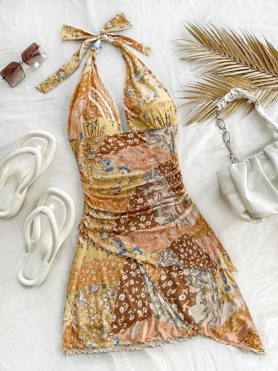 Soleia Đầm ngắn giản dị WYWH cổ chữ V không đối xứng dáng rộng rãi buộc dây phía trước cho nữ - Nhiều màu - Xem 1