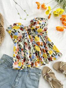 Soleia 夏季度假休闲杏色&蓝黄色水果结胸围荷叶边褶饰后背抽褶抹胸 - 彩色 - 查看 1