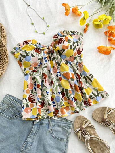Soleia 夏季度假休闲杏色&蓝黄色水果结胸围荷叶边褶饰后背抽褶抹胸