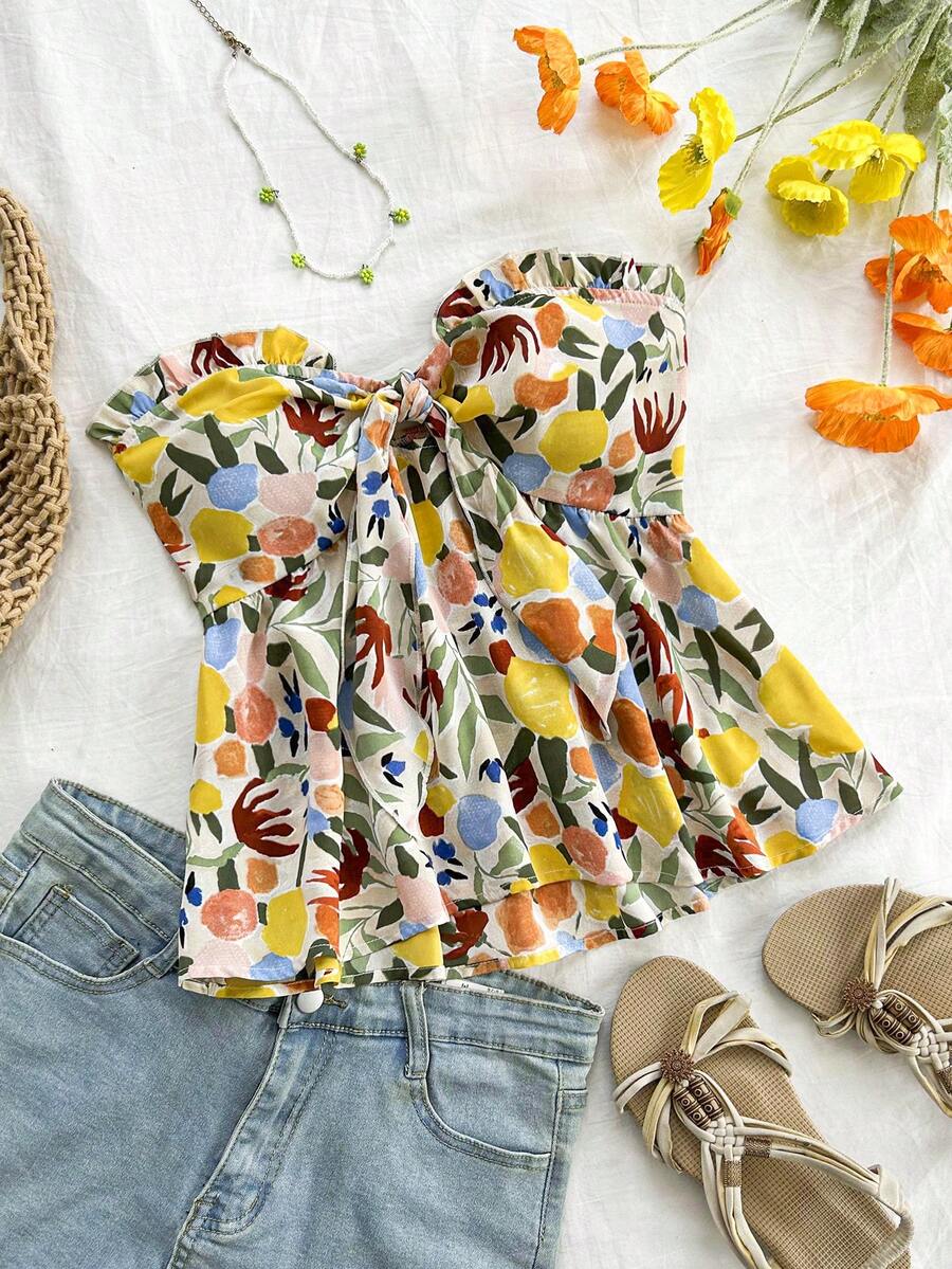Soleia 夏季度假休闲杏色&蓝黄色水果结胸围荷叶边褶饰后背抽褶抹胸 - 彩色 - 查看 1