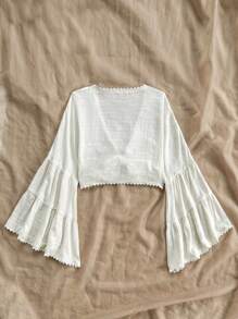 Soleia WYWH Kỳ nghỉ Lễ hội âm nhạc giải trí dành cho nữ Mặt trước Dây đeo ngực Tay áo loe Tay áo lá sen Bảng điều khiển Áo sơ mi vải kết cấu ren - Màu be - Xem 2