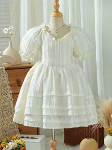 SHEIN 十幾歲少女甜美淑女泡泡袖裙，方領，帝國腰帶，提花面料，適合派對，舞會和婚禮 - 杏色 - 查看 1