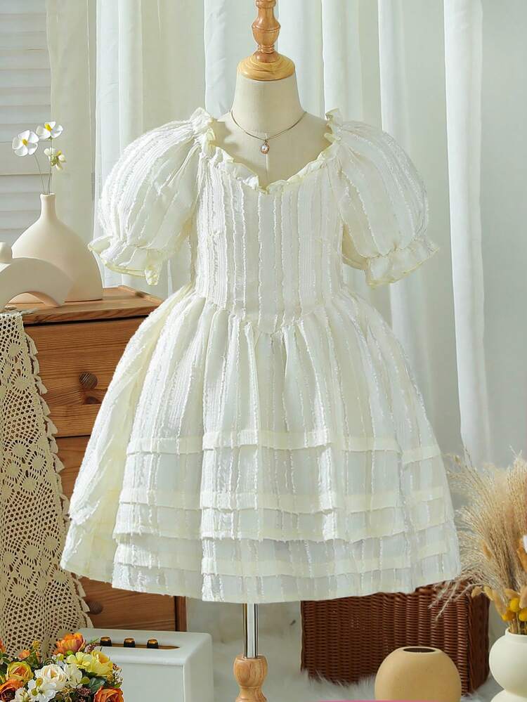 Tween Girl Sweet Ladylike Puff Sleeve Dress With Square Neckline, Empire Waist And Jacquard Fabric, Suitable For Parties, Dances And Weddings