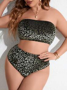 SHEIN Swim Curve 大尺碼女款印花簡約日常無肩帶比基尼套裝 - 彩色 - 查看 5