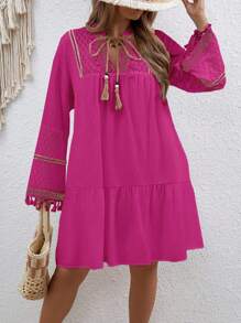 Breezaya Plus Size Holiday Leisure Lace & Woven Belt Splicing Notched Neck Fringed Dress - Hot Pink - View 5