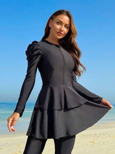 Swim Mulvari Top de traje de baño de manga corta con cremallera frontal y protector contra roces en unicolor para mujer en verano en la playa