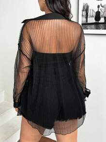 SHEIN Essnce 大尺碼純色透視前開扣夏季性感長袖襯衫 - 黑色 - 查看 5