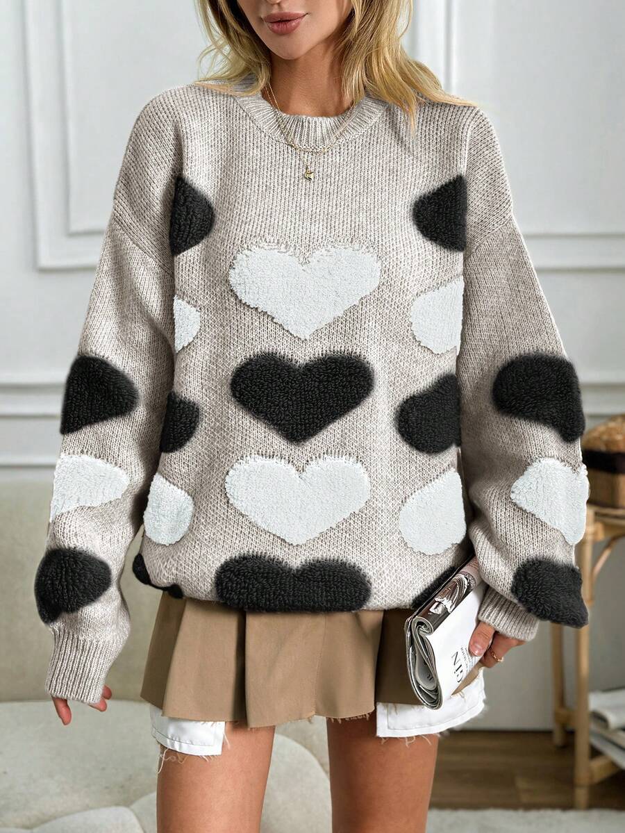 女款愛心圖案落肩毛衣 - 咖啡棕 - 查看 1