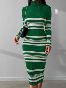 EURMUSE Striped Pattern Turtleneck Bodycon Sweater Dress - Multicolor - View 6