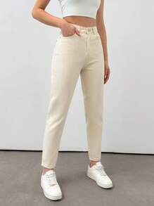 RueChic Pantalon En Denim Taille Haute De Couleur Unie - Beige - Voir 4