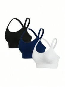 Gameset SHEIN Sport 3pcs Solid Ribbed Knit Sports Cami Top Gym Top Fitted Shirt Workout Cami Top - Multicolor - View 6