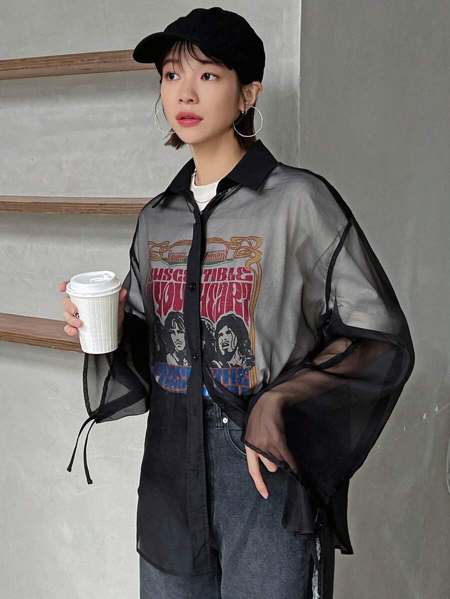 FRIFUL بلوزة نسائية شفافة بأكمام طويلة بلون أحادي عصري - الأسود - مشاهدة 1